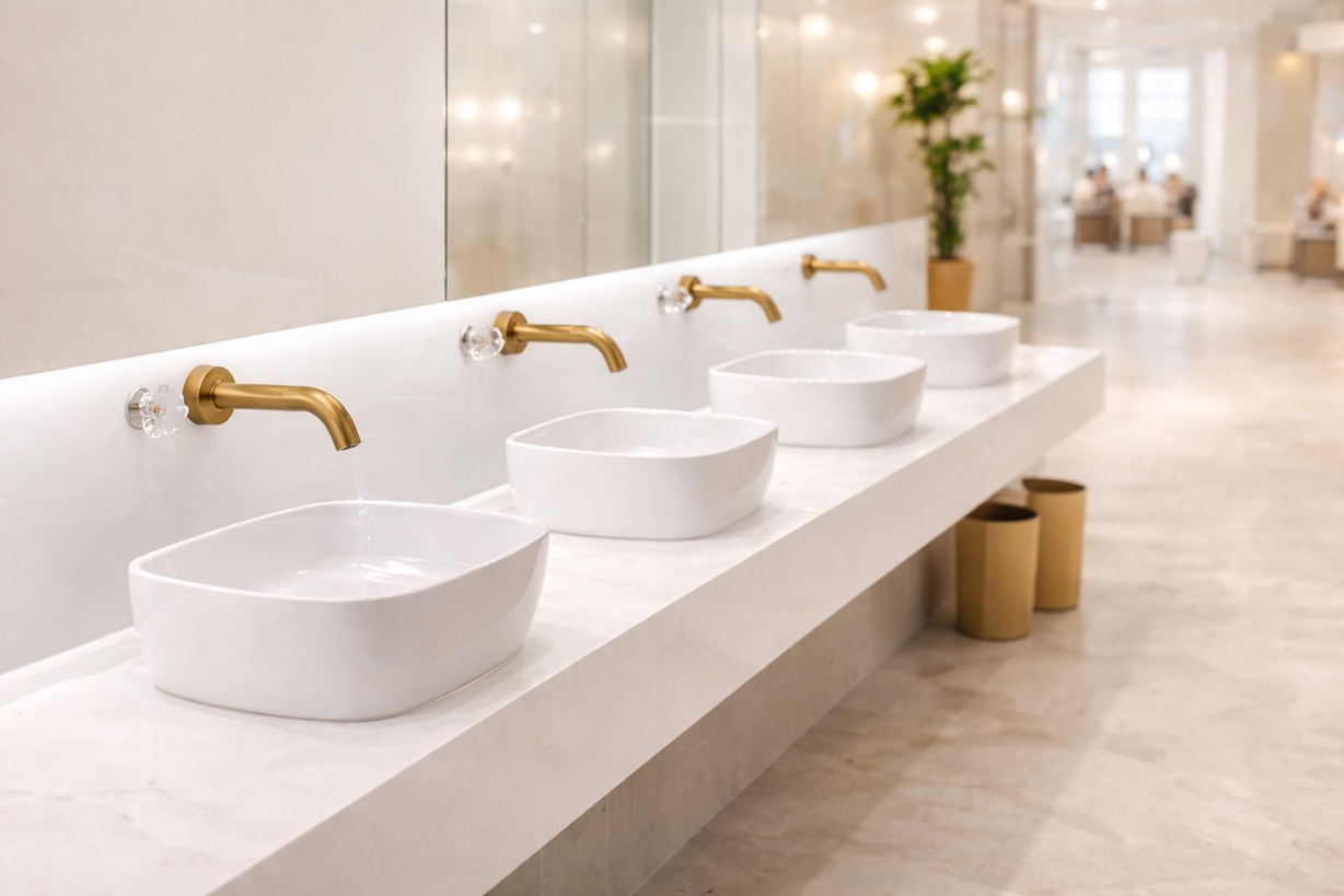Touchless faucet and soap dispenser in modern bathroom